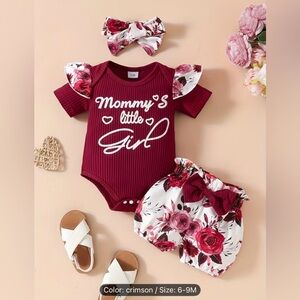 3 pc Burgundy Baby Infant Outfit with Floral Accents and Headband Bow